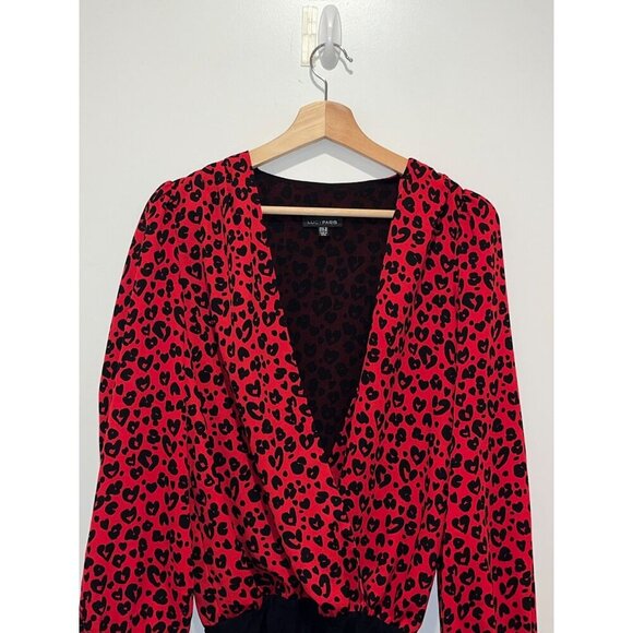 Lucy Paris Red/Black Leopard Print Long Sleeve Deep V-Neck Bodysuit Women's S - Picture 3 of 11